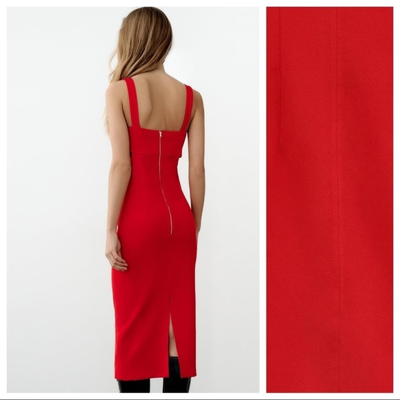 NWT. Zara Red Strappy Cut Out Midi Dress with V-neckline. Size S. - Picture 5 of 11